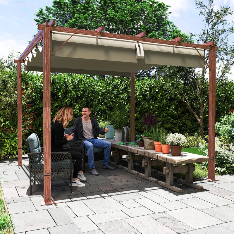 3m x 3m Retractable Roof Pergola – Natural Wood Effect Finish, Outdoor Garden Shade Canopy Shelter