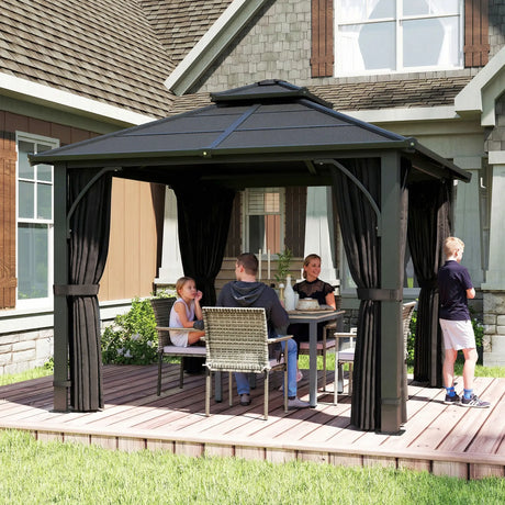 2.5m x 2.5m Hardtop Gazebo with 7mm Polycarbonate Roof – Permanent Garden Pavilion with Curtains & Mosquito Netting, Weatherproof Outdoor Canopy in Dark Grey