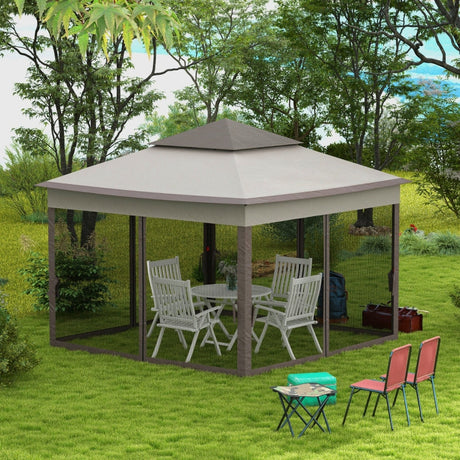 3.25m x 3.25m Metal Gazebo with Curtains - Brown/Grey
