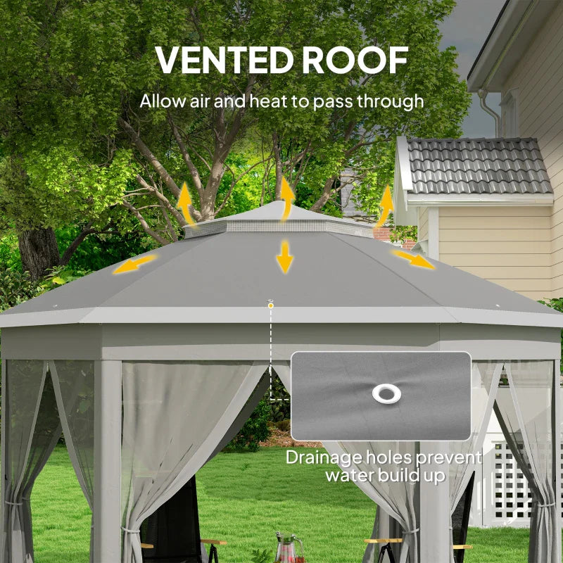 3x4m Dark Grey Hexagon Garden Gazebo - Pop Up Party Tent Canopy with Double Roof, Netting & Carry Bag for Outdoor Patio