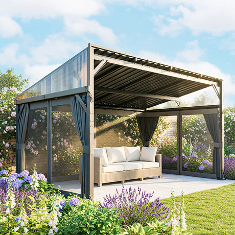 4.3m x 3m Lean-To Pergola with Galvanised Steel Roof – Wall-Mounted Garden Gazebo with Netting & Curtains, Heavy-Duty Outdoor Canopy in Dark Grey