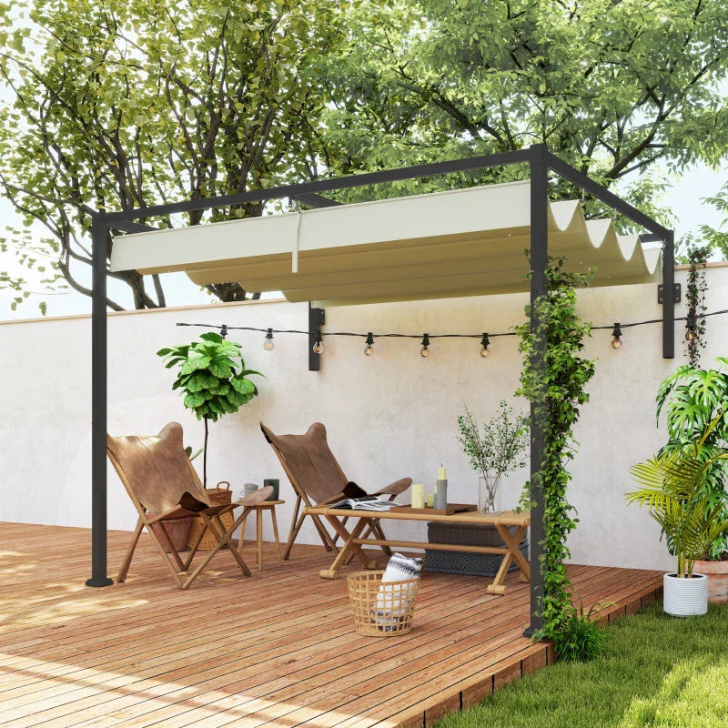 2m x 3m Lean-To Steel Pergola – Khaki Adjustable Canopy Roof, Wall Mounted Patio Shade Shelter