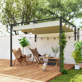 2m x 3m Lean-To Steel Pergola – Khaki Adjustable Canopy Roof, Wall Mounted Patio Shade Shelter