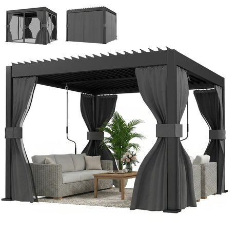 3m x 3m Louvered Pergola with Adjustable Metal Roof – Aluminium Patio Gazebo with Curtains & Netting, Modern Outdoor Garden Shelter in Dark Grey