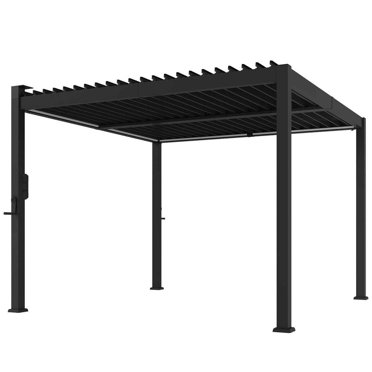 3x3m Black Louvered Pergola with Solar LED Lighting, Waterproof Metal Roof & Built-In Drainage System for Garden Patio