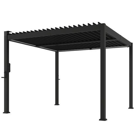 3x3m Black Louvered Pergola with Solar LED Lighting, Waterproof Metal Roof & Built-In Drainage System for Garden Patio