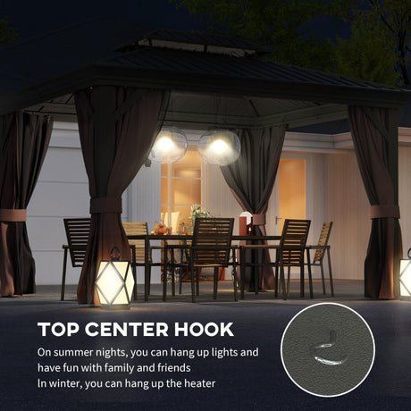 3m x 3.7m Dark Brown Outdoor Hardtop Gazebo Canopy with Aluminium Frame, 2-Tier Roof & Mesh Netting Sidewalls for Patio