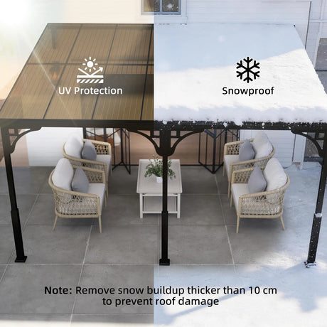 4m x 3m Wall-Mounted Lean-To Pergola with Polycarbonate Hardtop Roof – Heavy Duty Aluminium Garden Gazebo, Weatherproof Patio & BBQ Shelter, Modern Brown