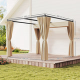 3m x 3m Retractable Metal Pergola Gazebo with Curtains – Outdoor Patio & Deck Shelter, Adjustable Canopy Shade for BBQ & Grill Area, Beige