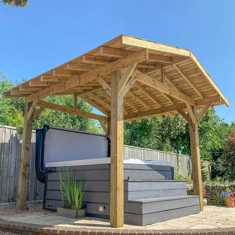 Wooden Apex Gazebo with Cedar Featheredge Roof – With Overhang Design