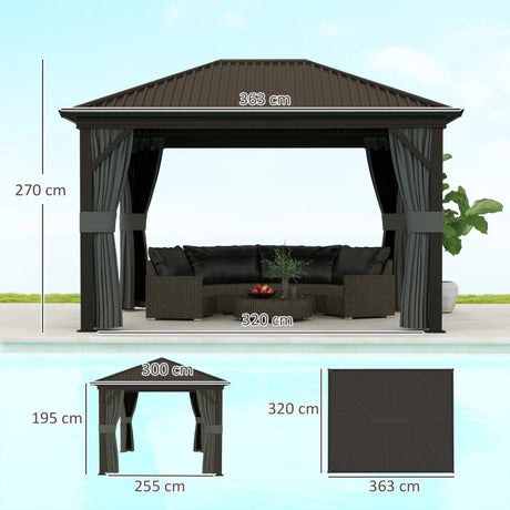 Dark Grey 3.6m x 3m Aluminium Frame Hardtop Gazebo with Accessories