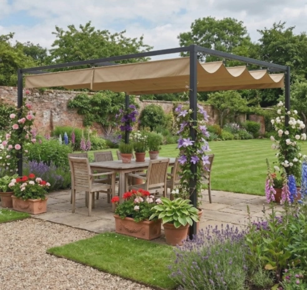 4m x 3m Metal Garden Pergola – Khaki Outdoor Shade Canopy