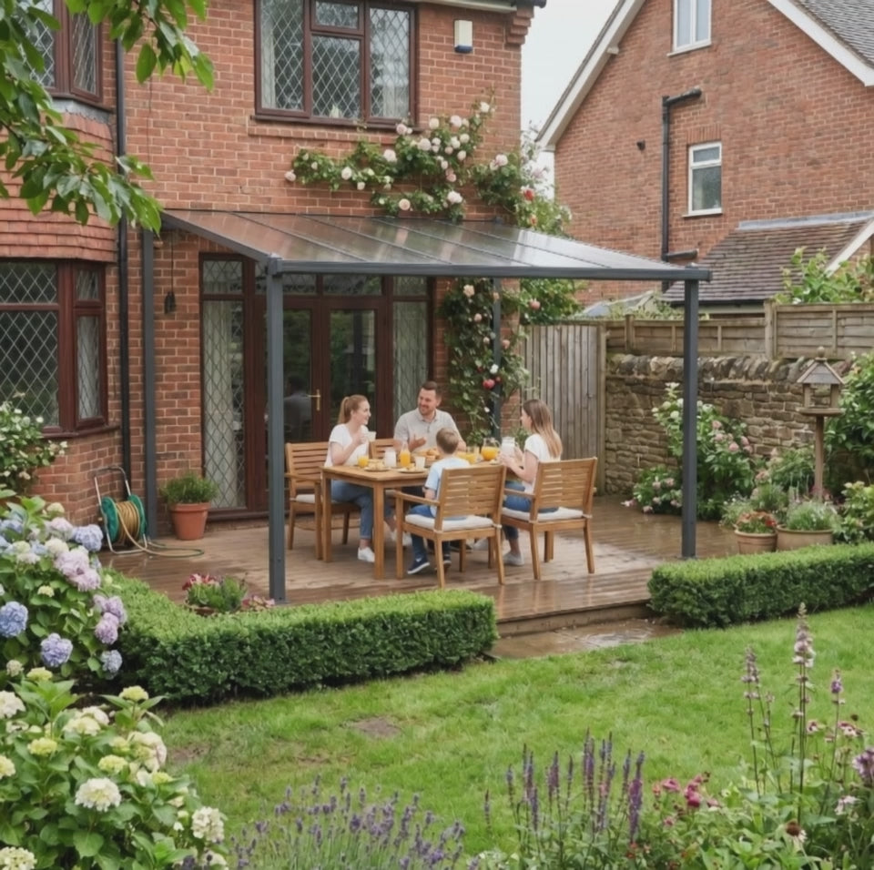 4.35m x 3m Wall Mounted Pergola - Aluminium Frame & Polycarbonate Roof – Grey Patio Cover