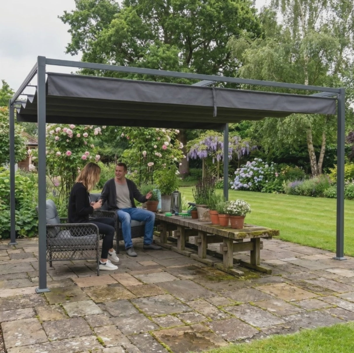 4m x 3m Metal Pergola – Black Retractable Canopy Roof, Outdoor Patio Garden Shade
