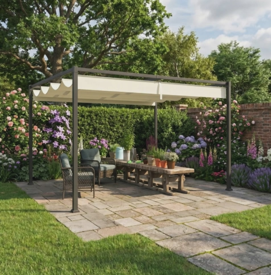4m x 3m Metal Garden Pergola with Retractable Roof Canopy – Outdoor Gazebo Shelter for Patio & Garden, Adjustable Sun Shade, Cream White