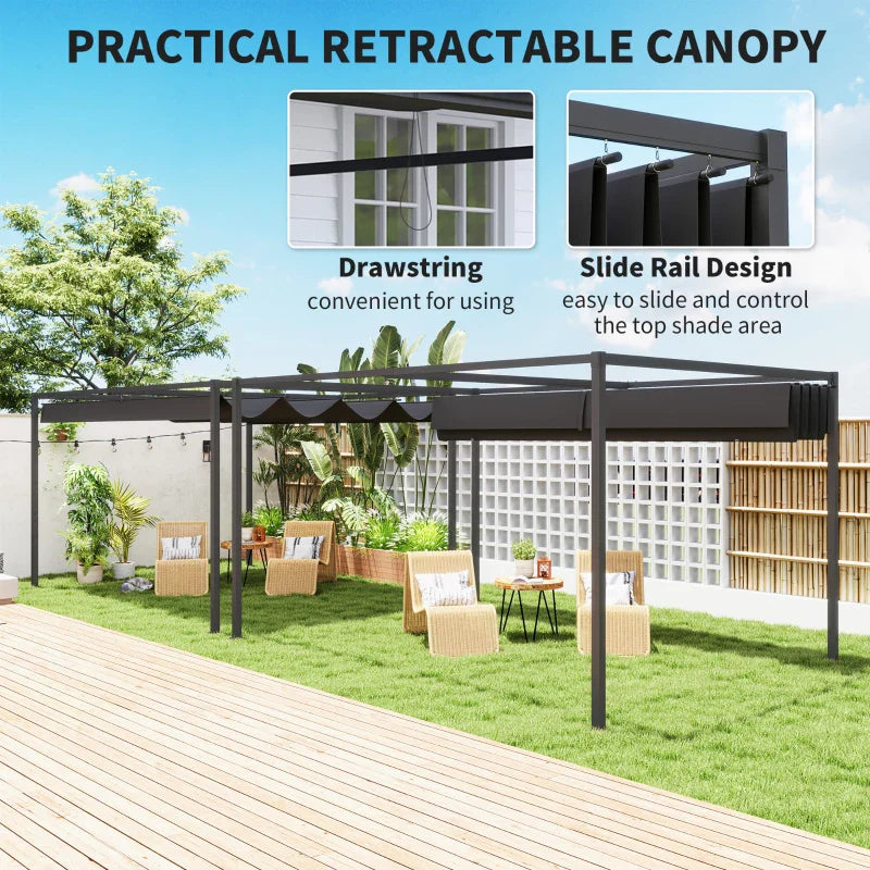 4m x 3m Metal Pergola – Black Retractable Canopy Roof, Outdoor Patio Garden Shade She