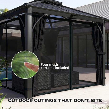 2.5m x 2.5m Hardtop Gazebo with 7mm Polycarbonate Roof – Permanent Garden Pavilion with Curtains & Mosquito Netting, Weatherproof Outdoor Canopy in Dark Grey