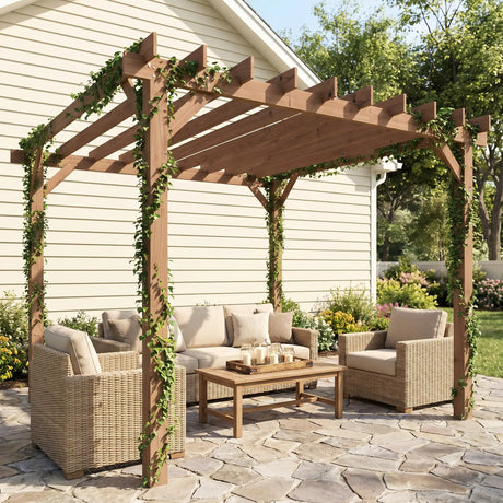 3m x 3m Wooden Pergola Kit - Maple Wood-Effect Garden Pergola Gazebo with Grape Trellis Roof and Triangle Supports