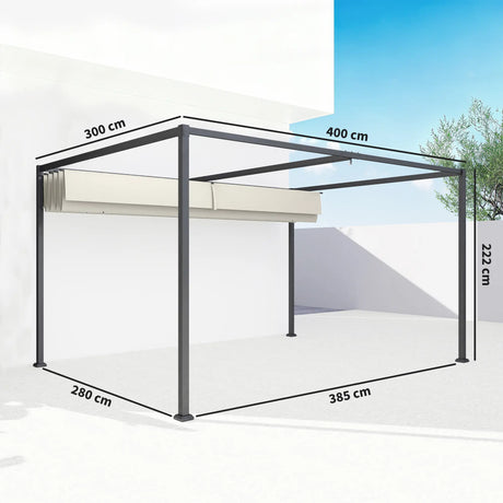 4m x 3m Metal Garden Pergola with Retractable Roof Canopy – Outdoor Gazebo Shelter for Patio & Garden, Adjustable Sun Shade, Cream White