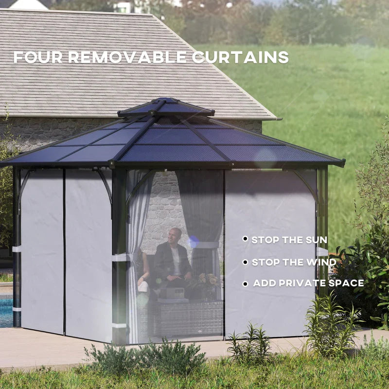 Dark Grey 3m x 3m Hardtop Gazebo - 7mm Double Polycarbonate Roof, Permanent Pavilion with Mosquito Netting and Curtains for Patio and Deck
