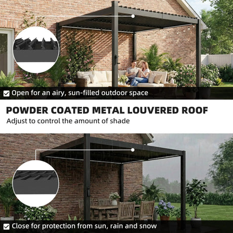 3x3m Black Louvered Pergola with Solar LED Lighting, Waterproof Metal Roof & Built-In Drainage System for Garden Patio