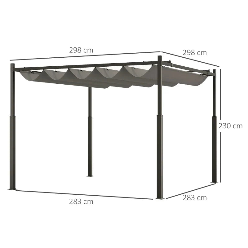 3m x 3m Retractable Garden Pergola – Grey Canopy Roof with Magnetic Fixing System, Outdoor Patio Shade Shelter