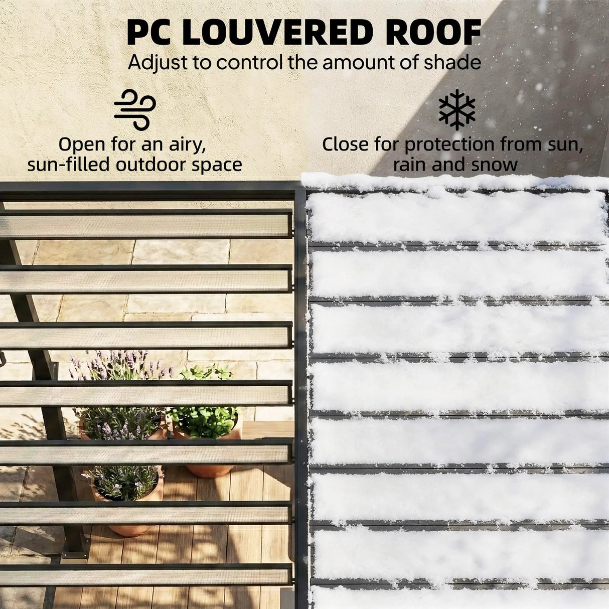 3x3m Aluminium Louvered Pergola with Polycarbonate Roof, Adjustable Panels & Drainage System – Coffee Garden Patio Gazebo