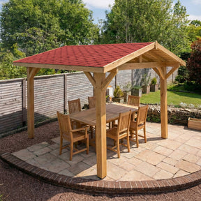Oak Apex Gazebo with Katepal Red Shingle Roof and Overhang