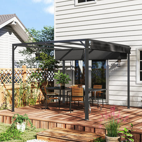 3m x 3m Aluminium Pergola – Dark Grey Retractable Roof with Side Wall, Outdoor Patio Shade Shelter