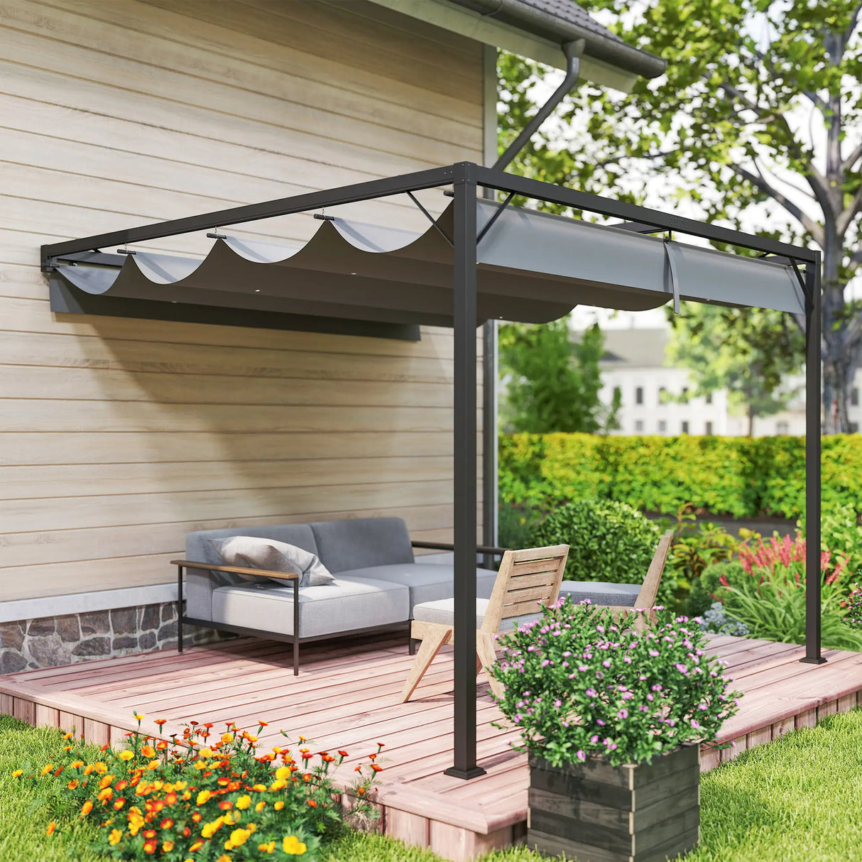 3m x 3m Lean-To Pergola – Grey Retractable Canopy Roof, Wall Mounted Outdoor Patio Shade Shelter