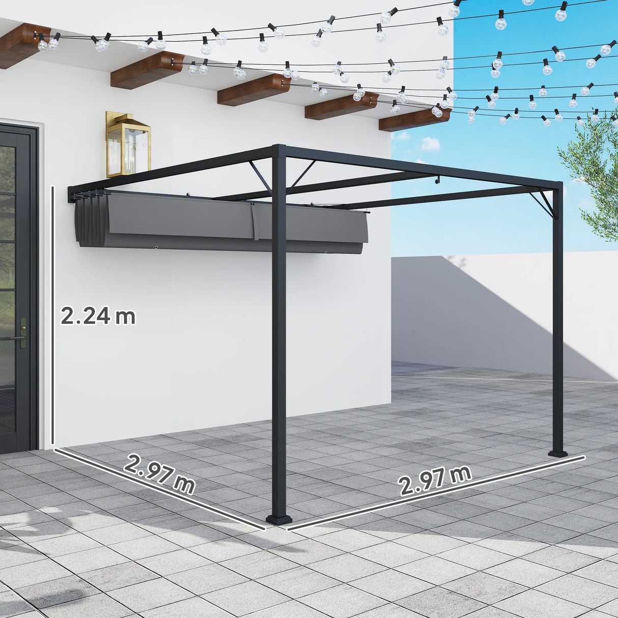3m x 3m Lean-To Pergola – Grey Retractable Canopy Roof, Wall Mounted Outdoor Patio Shade Shelter