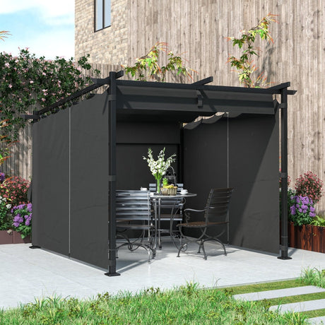 3m x 3m Retractable Roof Pergola – Dark Grey Canopy with Curtains, Outdoor Patio Shade Shelter