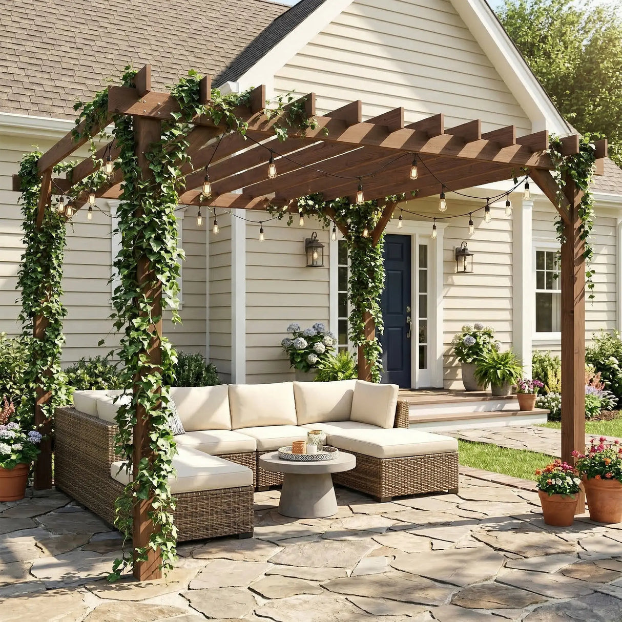 3m x 3m Wooden Pergola Kit - Maple Wood-Effect Garden Pergola Gazebo with Grape Trellis Roof and Triangle Supports