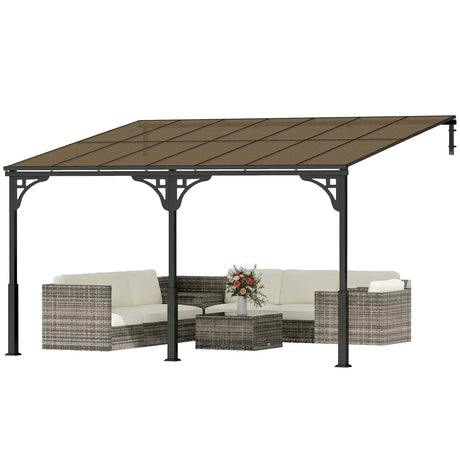 4m x 3m Wall-Mounted Lean-To Pergola with Polycarbonate Hardtop Roof – Heavy Duty Aluminium Garden Gazebo, Weatherproof Patio & BBQ Shelter, Modern Brown