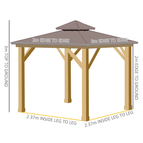 Brown 3m x 3m Hard Top Gazebo With 2-Tier Roof and Solid Wood Frame