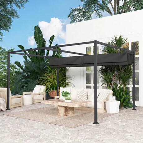 4m x 3m Metal Pergola – Black Retractable Canopy Roof, Outdoor Patio Garden Shade She