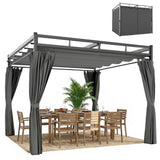 3m x 3m Pergola with Retractable Roof Canopy – UPF30+ Garden Gazebo with Curtains, Heavy-Duty Metal Frame Outdoor Sun Shade in Dark Grey