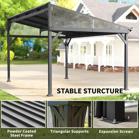 4.3m x 3m Lean-To Pergola with Galvanised Steel Roof – Wall-Mounted Garden Gazebo with Netting & Curtains, Heavy-Duty Outdoor Canopy in Dark Grey