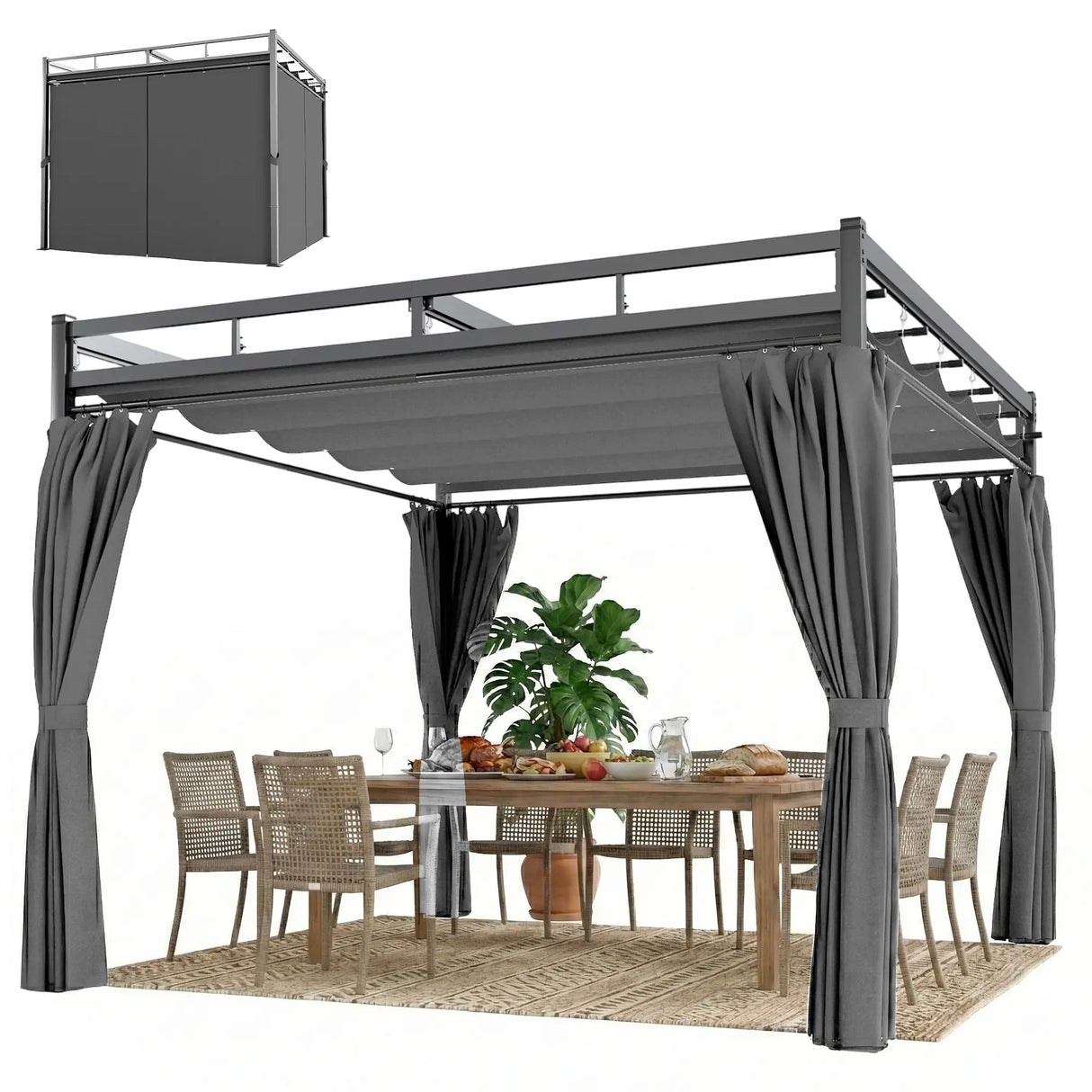 3m x 3m Pergola with Retractable Roof Canopy – UPF30+ Garden Gazebo with Curtains, Heavy-Duty Metal Frame Outdoor Sun Shade in Dark Grey