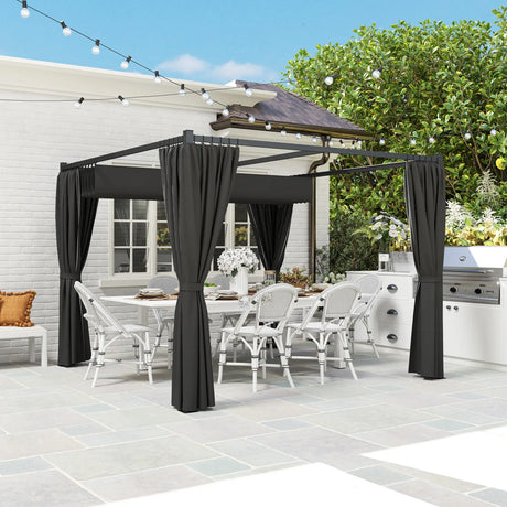 3m x 3m Retractable Pergola with Curtains – Charcoal Patio Shelter