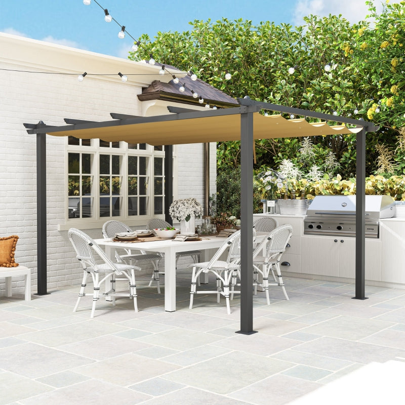 3m x 4m Aluminium Pergola – Khaki Retractable Canopy Roof, Outdoor Garden Shade Shelter