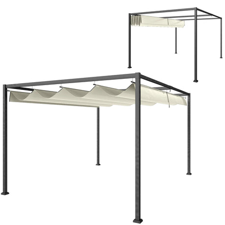 4m x 3m Metal Garden Pergola with Retractable Roof Canopy – Outdoor Gazebo Shelter for Patio & Garden, Adjustable Sun Shade, Cream White
