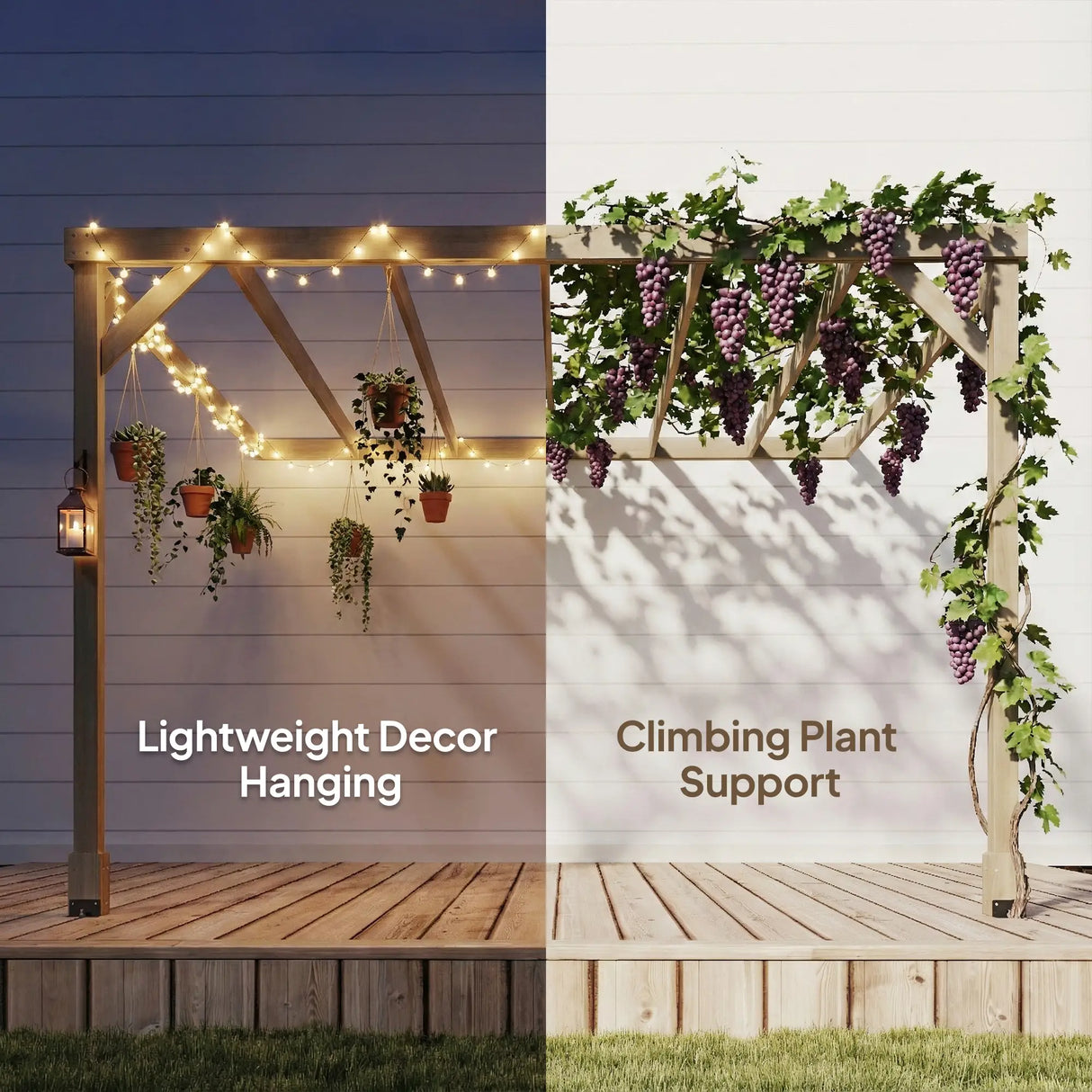 3x3m Lean-To Wooden Pergola Kit – Light Brown Decorative Garden Gazebo with Concrete Anchors & Stable Support Frame