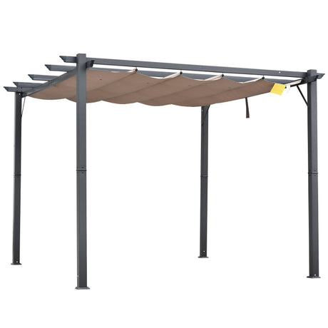 3m x 3m Aluminium Pergola – Brown Retractable Canopy Roof with Pulley System, UV & Water Resistant Garden Shade Shelter with Drainage Grommets