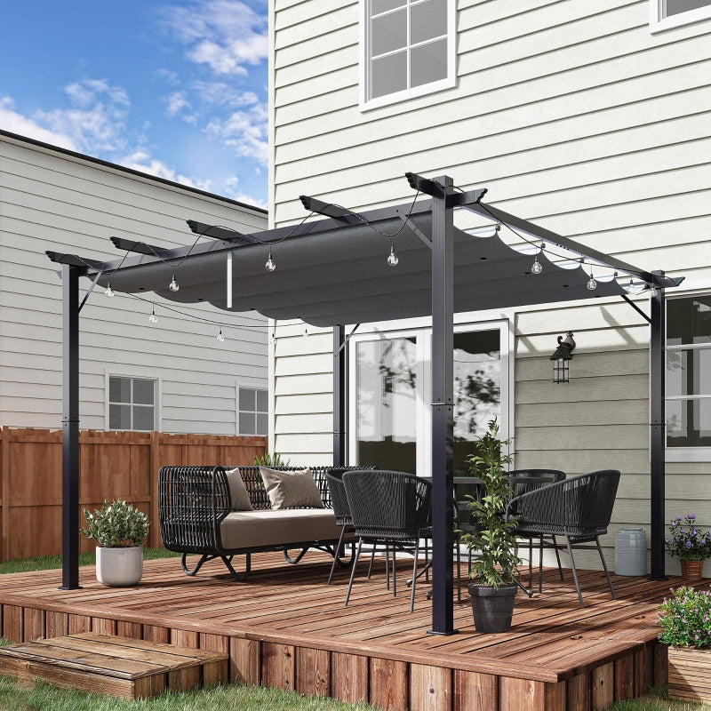 3m x 3m Aluminium Gazebo – Grey Retractable Canopy Roof, Outdoor Patio Shade Shelter