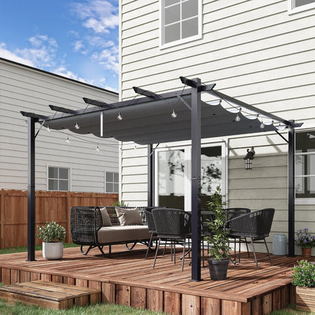 3m x 3m Aluminium Gazebo – Grey Retractable Canopy Roof, Outdoor Patio Shade Shelter