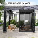 3m x 3m Aluminium Pergola – Dark Grey Retractable Canopy Roof with Mesh Curtains, Outdoor Patio Garden Shelter + Ground Fixings