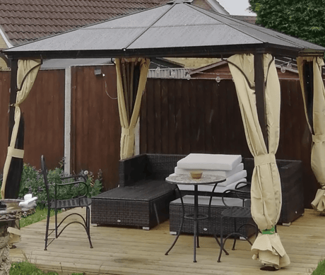 TriShade Enclave: 3x3 m Gazebo with Mosquito Net in Brown, Black, and Beige - Trade Warehouse