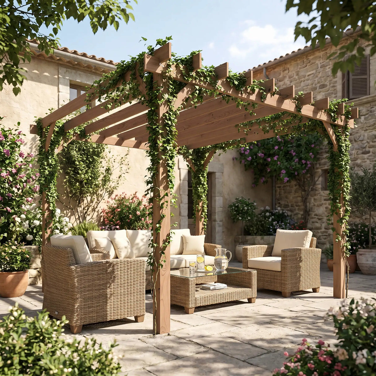 3m x 3m Wooden Pergola Kit - Maple Wood-Effect Garden Pergola Gazebo with Grape Trellis Roof and Triangle Supports