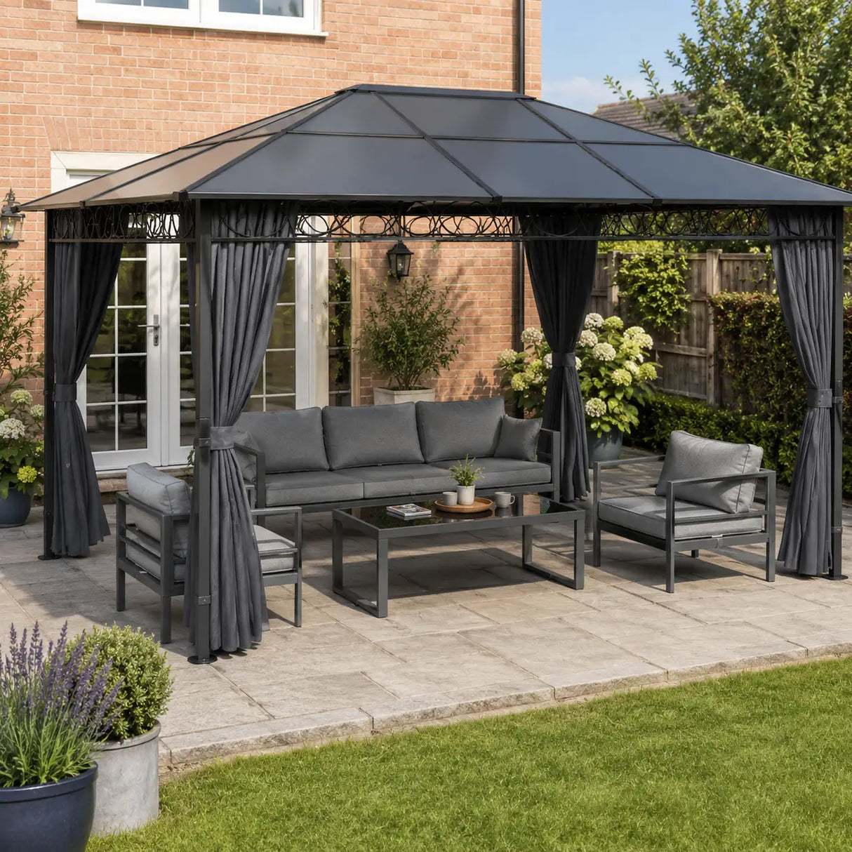 3m x 4m Hardtop Gazebo with 6 mm Polycarbonate Roof, Aluminium Permanent Garden Pavilion with Curtains, Dark Grey Outdoor Patio Canopy for Sun, Rain & Privacy